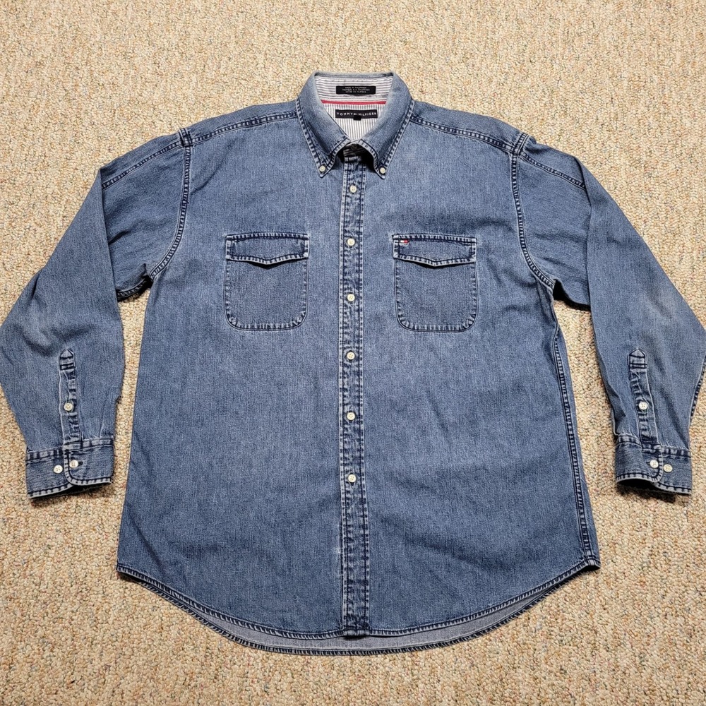 Tommy Hilfiger Denim Shirt Mens XL Blue Long Sleeve Button Down Vintage Y2K Prep